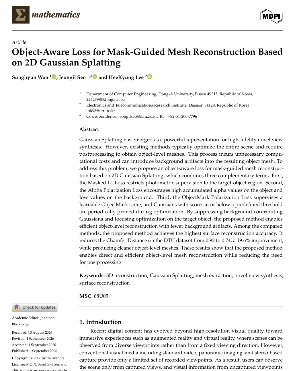 Object-Aware Loss for Mask-Guided Mesh Reconstruction Based on 2D Gaussian Splatting